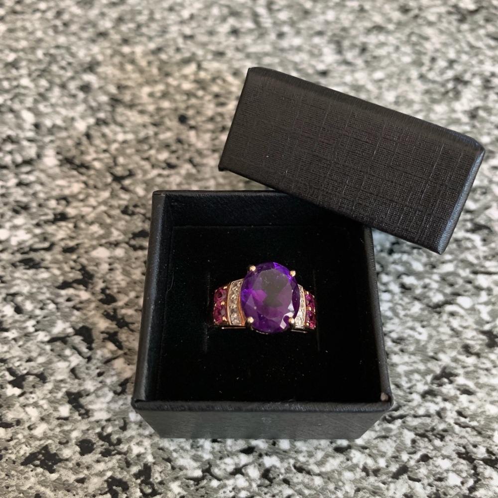 Size 6 Amethyst with White and Pink Sapphires Rose Gold over Sterling Ring